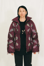 Load image into Gallery viewer, burgundy nylon winter jacket flower filled cutouts