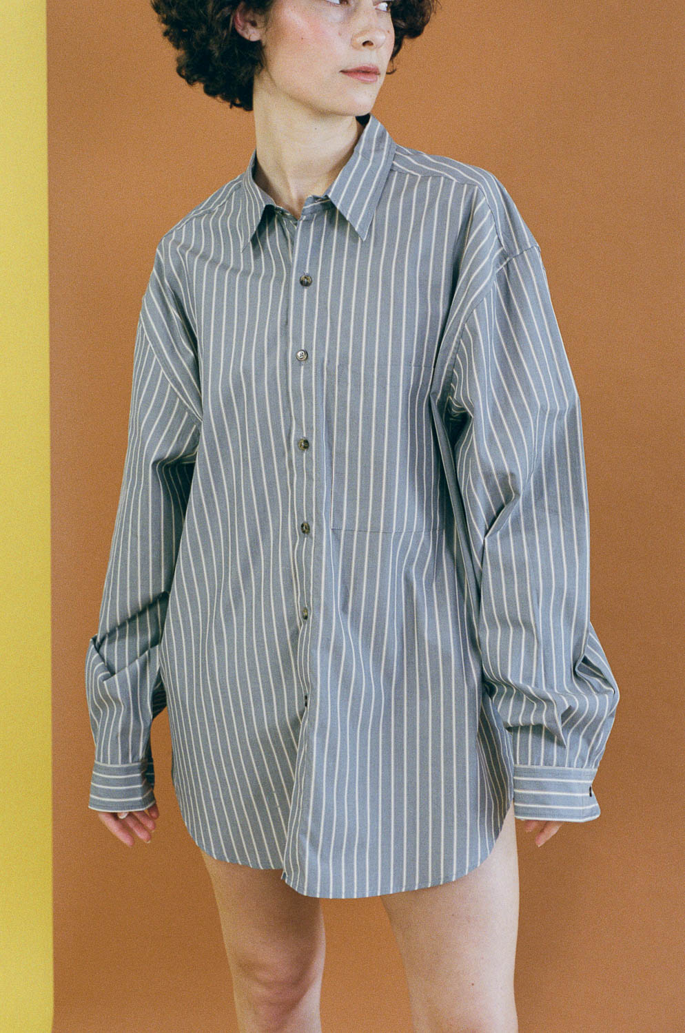THE BIG BUTTON UP IN NAVY STRIPE