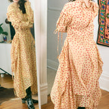 BLOCKPRINT DOT RUCHA DRESS IN BEIGE WITH RED AND BLUE TIGER