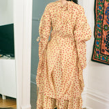 BLOCKPRINT DOT RUCHA DRESS IN BEIGE WITH RED AND BLUE TIGER