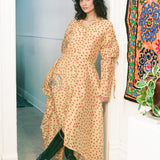 BLOCKPRINT DOT RUCHA DRESS IN BEIGE WITH RED AND BLUE TIGER