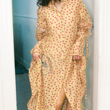 BLOCKPRINT DOT RUCHA DRESS IN BEIGE WITH RED AND BLUE TIGER