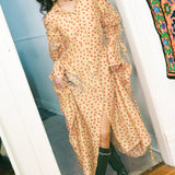 BLOCKPRINT DOT RUCHA DRESS IN BEIGE WITH RED AND BLUE TIGER