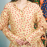 BLOCKPRINT DOT RUCHA DRESS IN BEIGE WITH RED AND BLUE TIGER