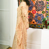 BLOCKPRINT DOT RUCHA DRESS IN BEIGE WITH RED AND BLUE TIGER