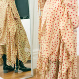 BLOCKPRINT DOT RUCHA DRESS IN BEIGE WITH RED AND BLUE TIGER