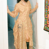 BLOCKPRINT DOT RUCHA DRESS IN BEIGE WITH RED AND BLUE TIGER