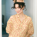 BLOCKPRINT DOT RUCHA DRESS IN BEIGE WITH RED AND BLUE TIGER