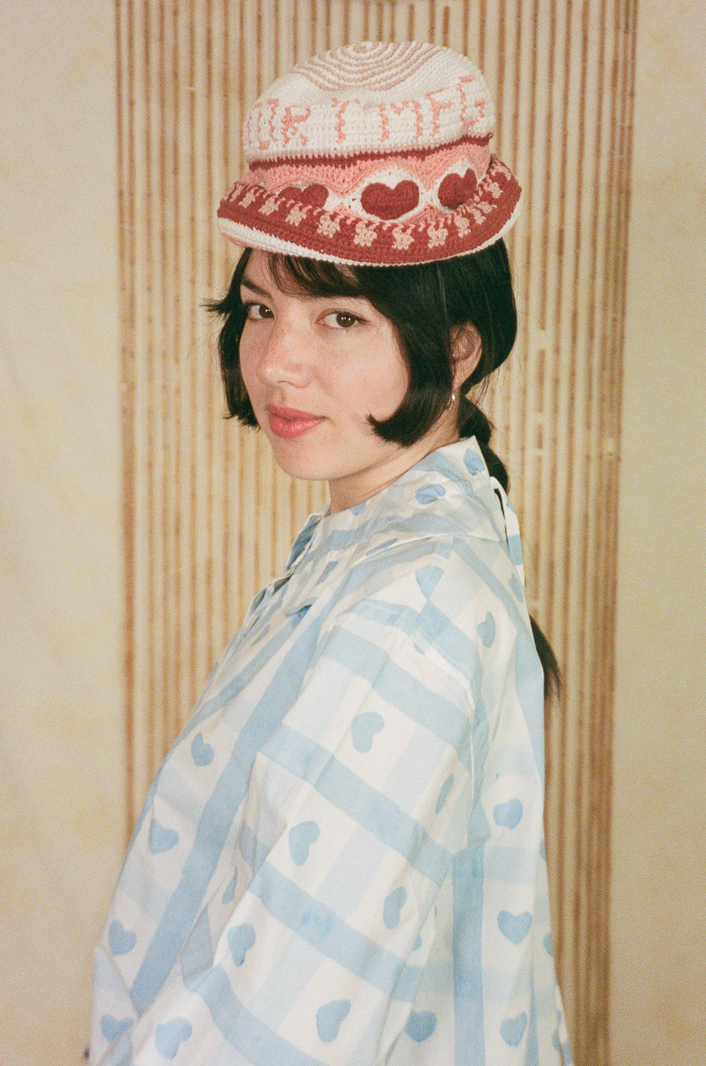 Pink red white crochet bucket hat