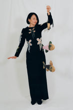 Load image into Gallery viewer, black fitted maxi dress colourful petal cut outs