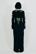 Load image into Gallery viewer, black fitted maxi dress colourful petal cut outs