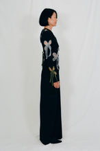 Load image into Gallery viewer, black fitted maxi dress colourful petal cut outs