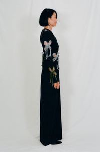 black fitted maxi dress colourful petal cut outs