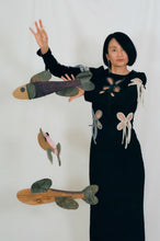 Load image into Gallery viewer, black fitted maxi dress colourful petal cut outs