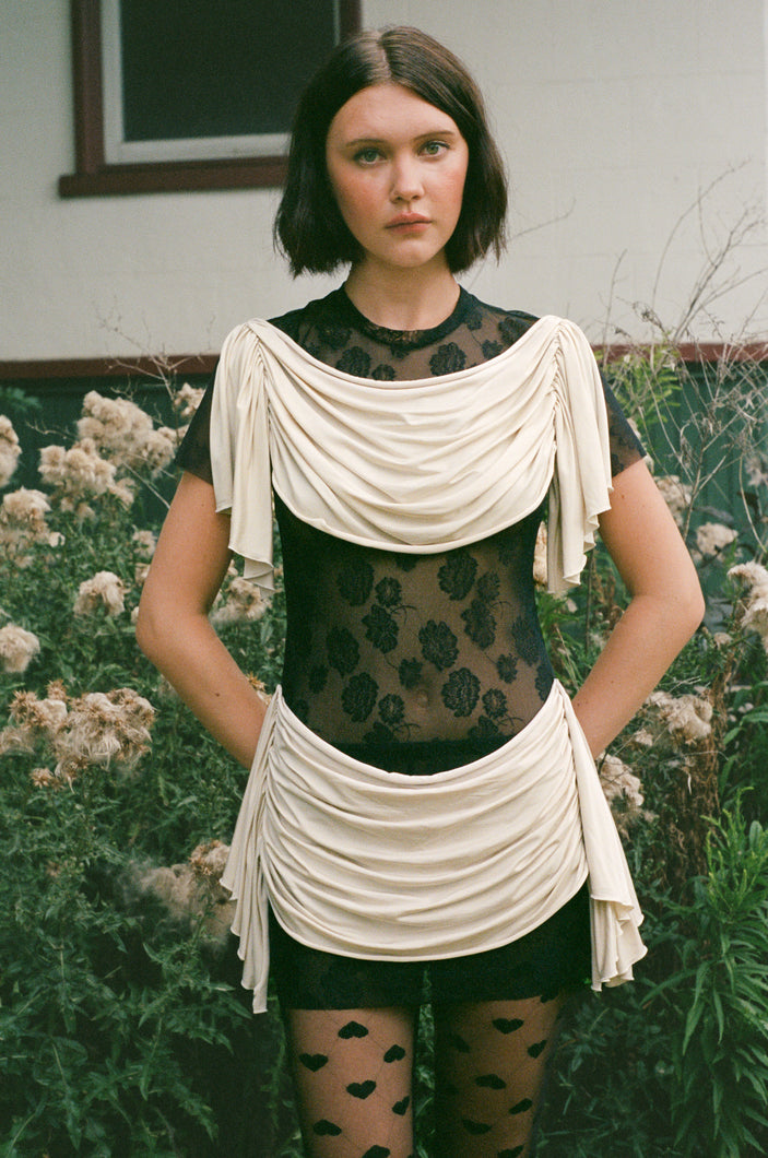 DOSANIA DRESS IN ECRU AND BLACK LACE