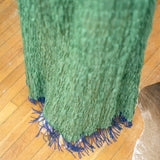 GATHERED KOTA DRESS WITH BEADED FRINGE IN GREEN WITH BLUE BEADS