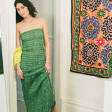 GATHERED KOTA DRESS WITH BEADED FRINGE IN GREEN WITH BLUE BEADS