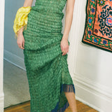 GATHERED KOTA DRESS WITH BEADED FRINGE IN GREEN WITH BLUE BEADS