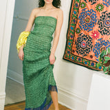 GATHERED KOTA DRESS WITH BEADED FRINGE IN GREEN WITH BLUE BEADS