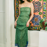 GATHERED KOTA DRESS WITH BEADED FRINGE IN GREEN WITH BLUE BEADS