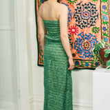 GATHERED KOTA DRESS WITH BEADED FRINGE IN GREEN WITH BLUE BEADS