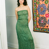 GATHERED KOTA DRESS WITH BEADED FRINGE IN GREEN WITH BLUE BEADS