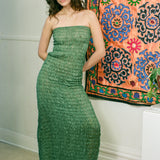 GATHERED KOTA DRESS WITH BEADED FRINGE IN GREEN WITH BLUE BEADS