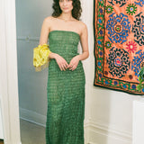 GATHERED KOTA DRESS WITH BEADED FRINGE IN GREEN WITH BLUE BEADS