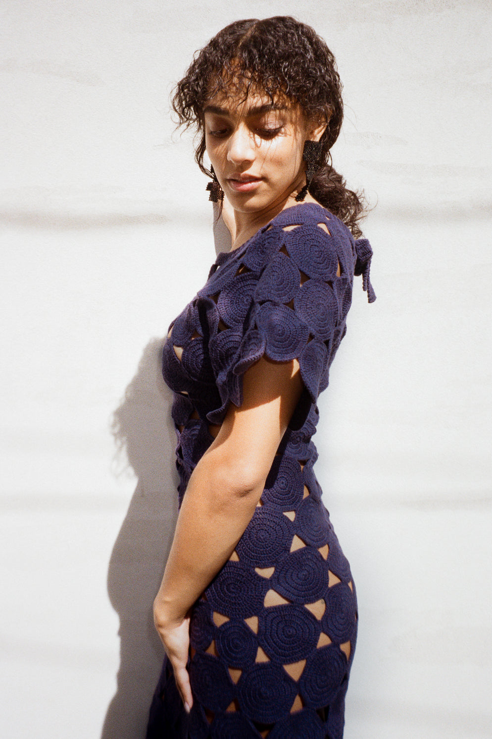 cotton hand crochet maxi dress in navy