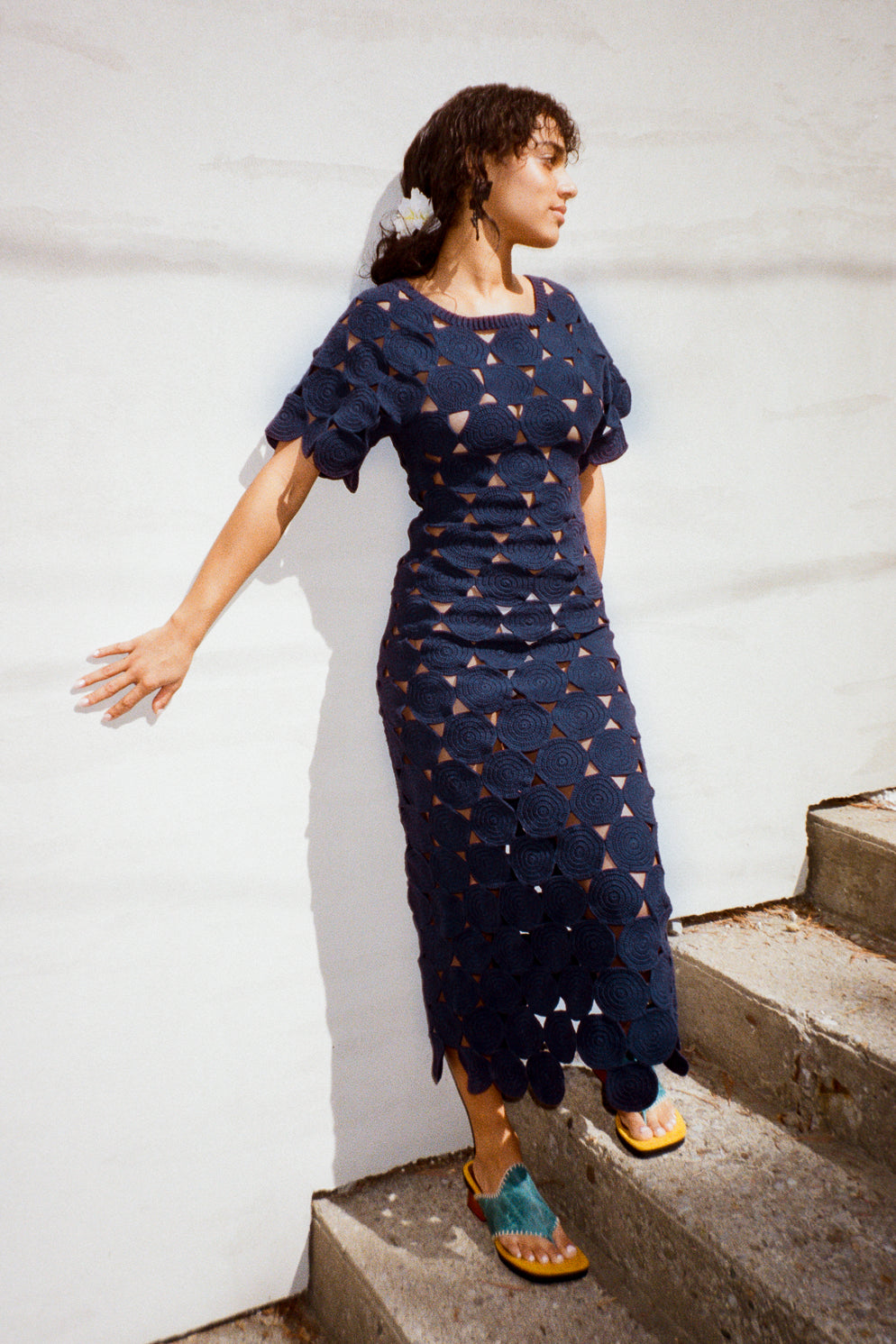 cotton hand crochet maxi dress in navy
