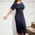 cotton hand crochet maxi dress in navy