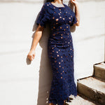 cotton hand crochet maxi dress in navy