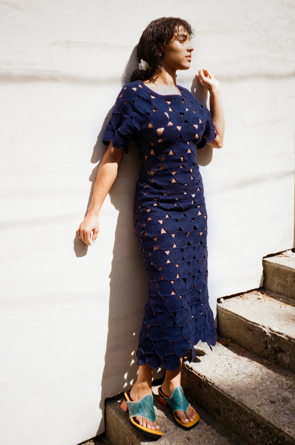 cotton hand crochet maxi dress in navy