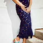 cotton hand crochet maxi dress in navy