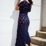 cotton hand crochet maxi dress in navy