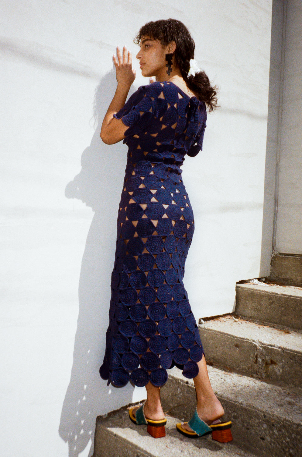 cotton hand crochet maxi dress in navy