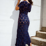 cotton hand crochet maxi dress in navy
