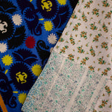 VINTAGE SUZANI IN CORNFLOWER BLUE, YELLOW + WHITE VESSELS
