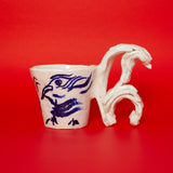 SCULPTURAL CUPS IN PORCELAIN WITH HAND PAINTED BIRDS