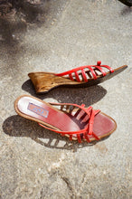 Load image into Gallery viewer, wood and leather wedges with red foot cage