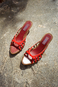 wood and leather wedges with red foot cage