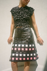 black pink and white basket woven midi skirt