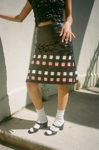 black pink and white basket woven midi skirt