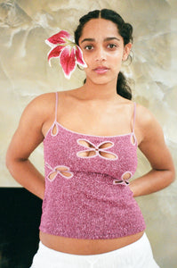 fitted lurex camisole in pink with flower cutouts