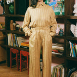 yellow plaid cotton straight leg wide pant