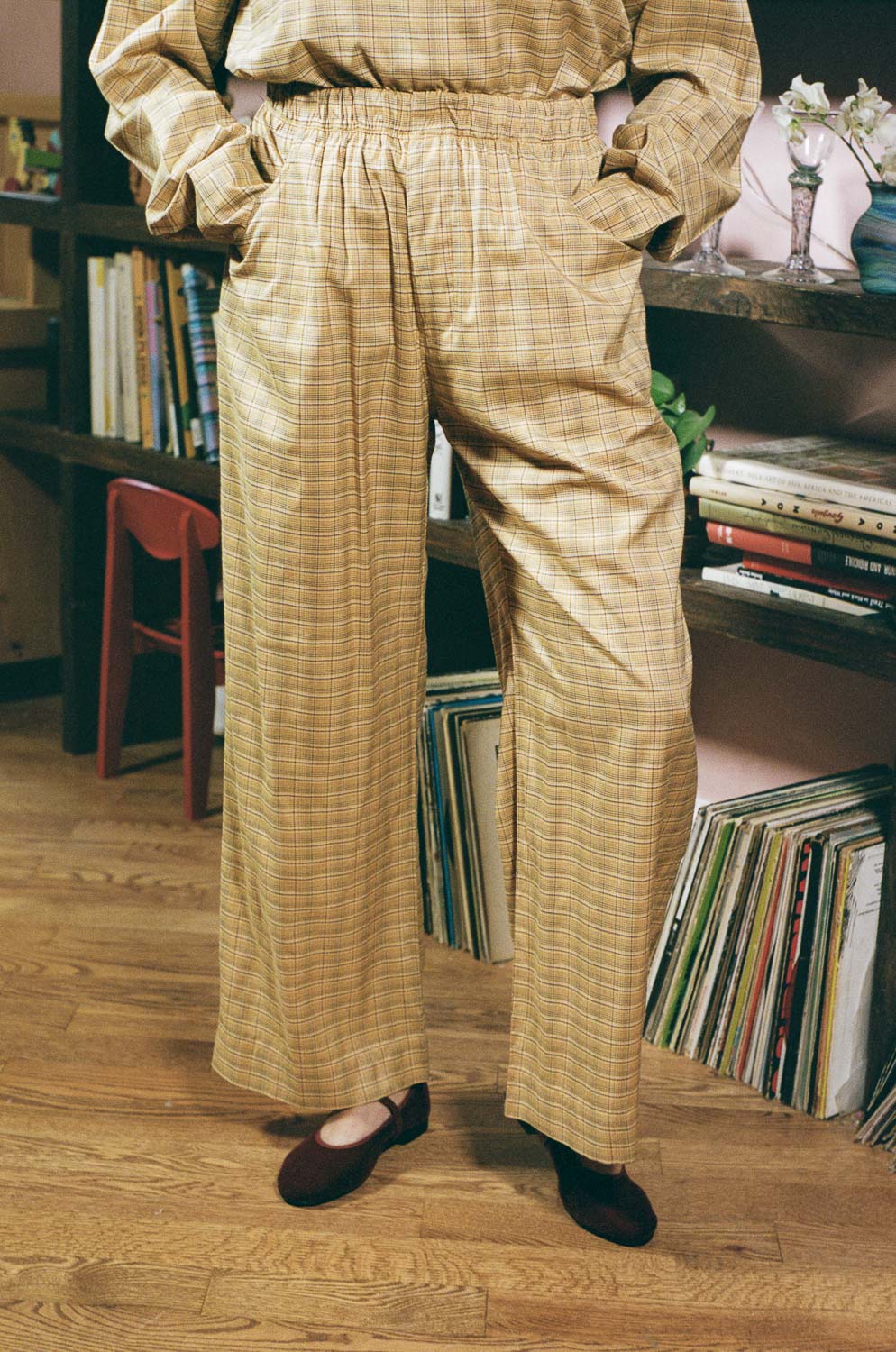 yellow plaid cotton straight leg wide pant