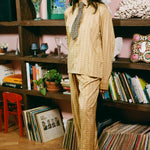 yellow plaid cotton straight leg wide pant