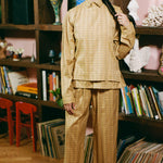 yellow plaid cotton straight leg wide pant