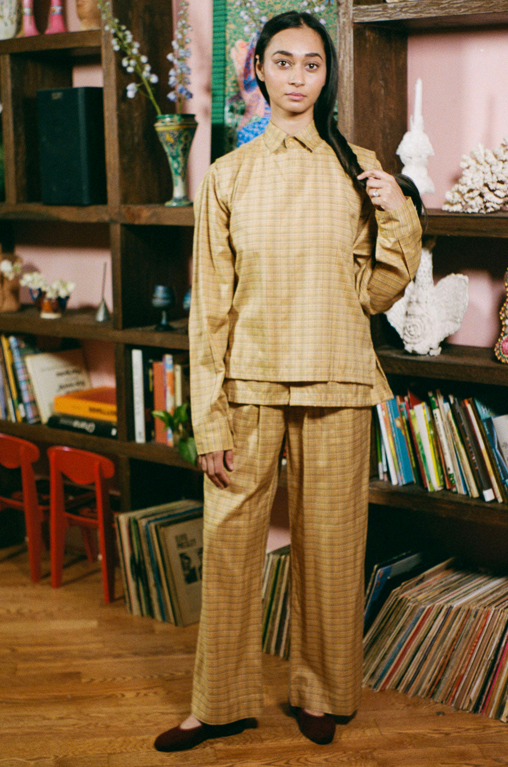 yellow plaid cotton straight leg wide pant