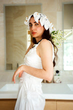Load image into Gallery viewer, fitted silk dress in white with paisley patterns